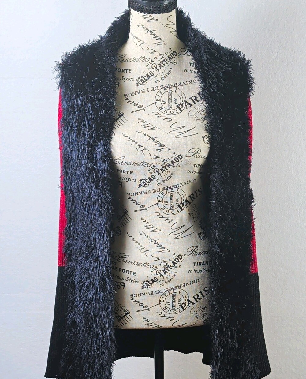 Lauren Michelle Red Black Knit Open Front Faux Fur Trim Cardigan Sweater XL
